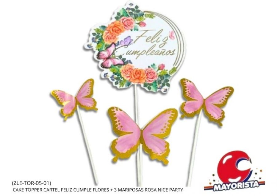 [1918] CAKE TOPPER CARTEL FELIZ CUMPLE C/GIBRE + 3 MARIPOSAS CAKE DECORATION (ZLE-CTO-33-01) ERIK