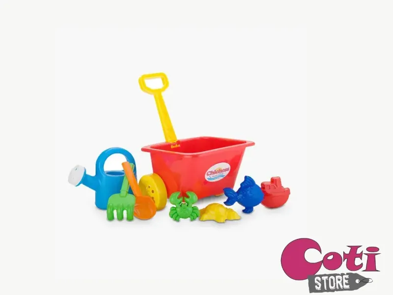 [7798141999101] CARRITO CON REGADERA, PALA Y RASTRILLO CHICO + 4 MOLDES (910) CHICHESS