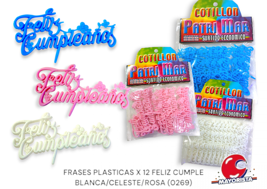 [4185] FRASES PLASTICAS X 12 FELIZ CUMPLE BLANCA/CELESTE/ROSA (0269) PATRIMAR