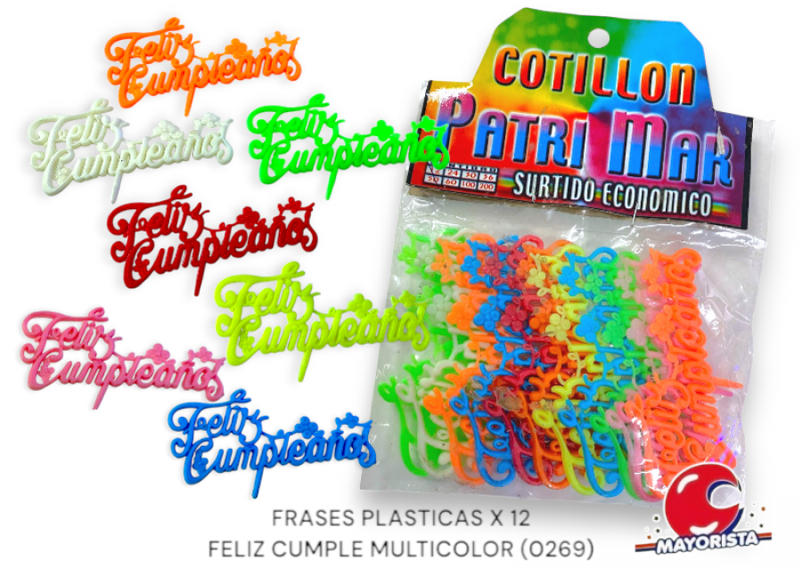 [2151] FRASES PLASTICAS X 12 FELIZ CUMPLE MULTICOLOR (0269) PATRIMAR
