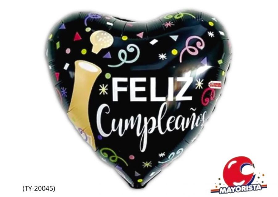 [1570] GLOBO MYLAR 18 CORAZON FELIZ CUMPLEANOS NEGRO 45CM (TY-20045) ERIK