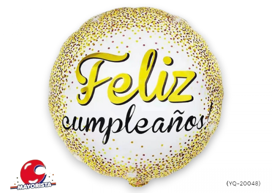 GLOBO MYLAR 18 REDONDO FELIZ CUMPLE BLANCO CONFETIS DORADOS 45CM (YQ-20048) ERIK