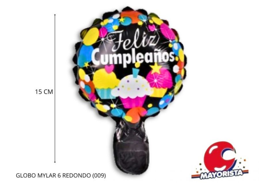 GLOBO MYLAR 6 REDONDO FELIZ CUMPLE NEGRO CUPCAKE LUNARES COLORES (009) 15CM - LCOST
