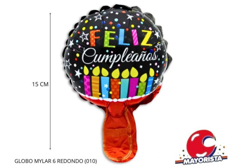 GLOBO MYLAR 6 REDONDO FELIZ CUMPLE NEGRO VELAS COLORES (010) 15CM - LCOST