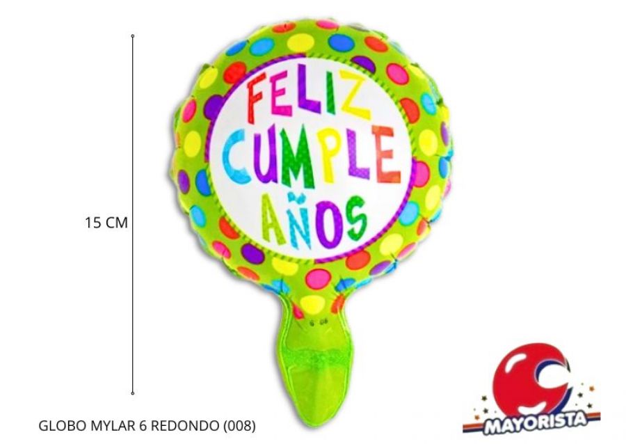 GLOBO MYLAR 6 REDONDO FELIZ CUMPLE VERDE LUNARES COLORES (008) 15CM - LCOST
