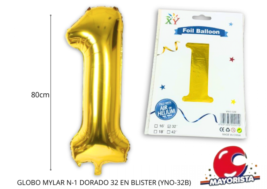 GLOBO MYLAR N 1 DORADO 32 (80CM) EN BLISTER (YNO-32B) CHG