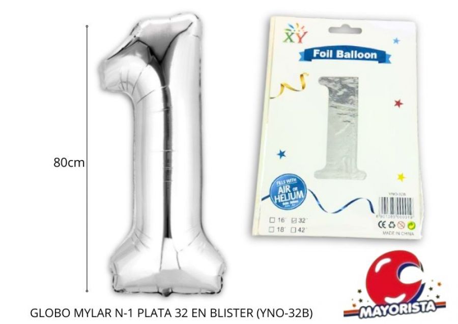 GLOBO MYLAR N 1 PLATA 32 (80CM) EN BLISTER (YNO-32B) CHG