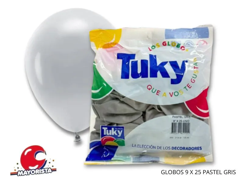 GLOBOS 9 X 25 PASTEL GRIS - TUKY