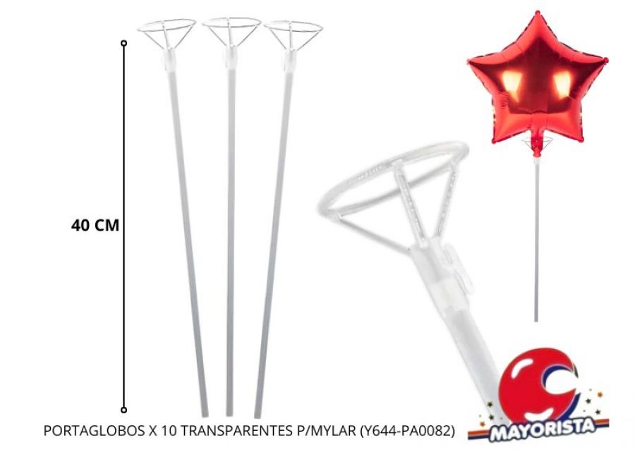 [3420] PORTAGLOBOS X 10 TRANSPARENTES 40CM P/MYLAR (YJ0830) YJ IMPORT