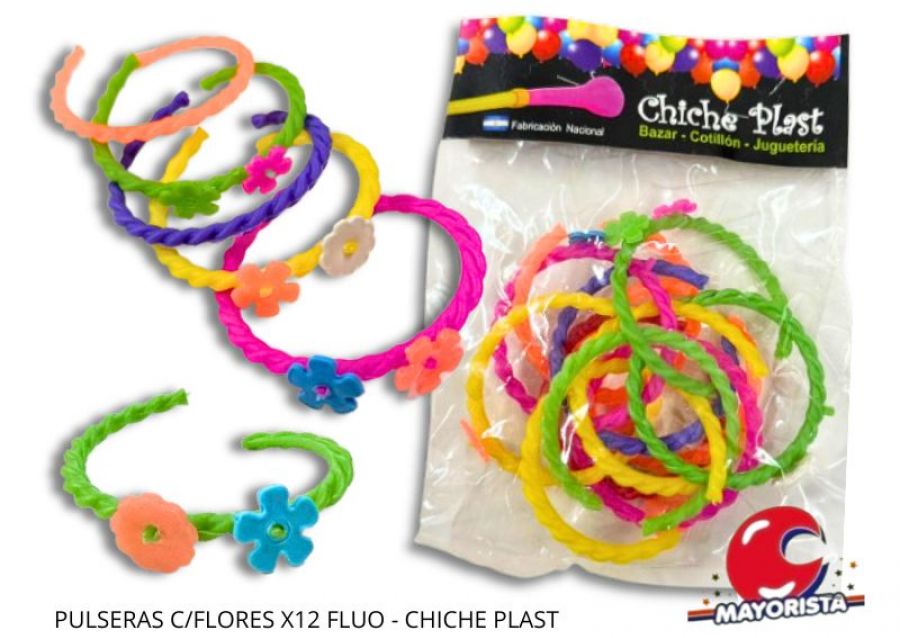 PULSERAS C/FLORES X12 FLUO - CHICHE PLAST
